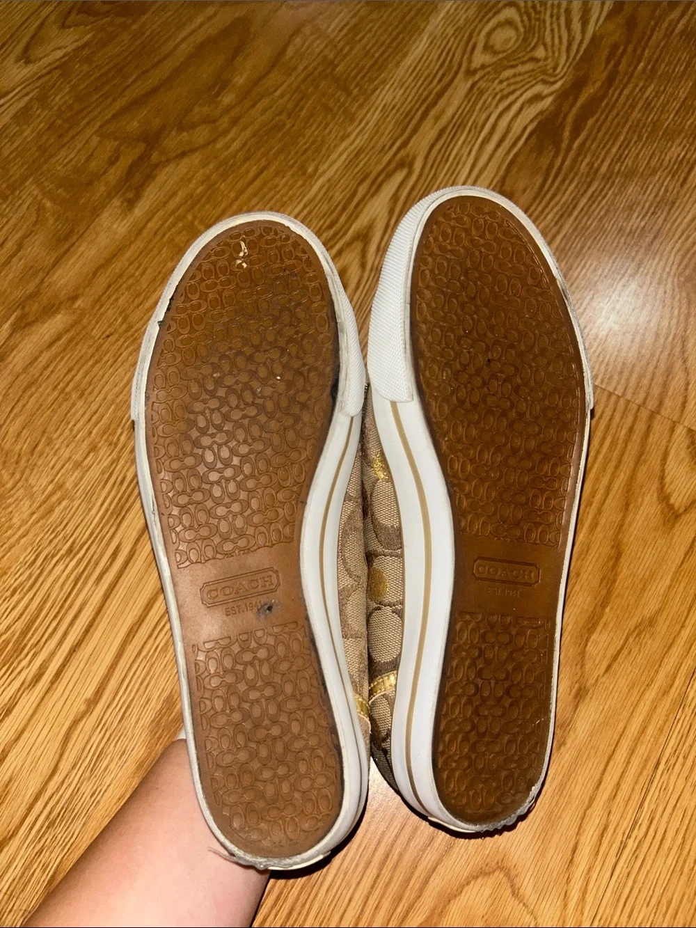 Coach Khaki Signature Canvas Sneakers with Gold Trim and Red Interior
